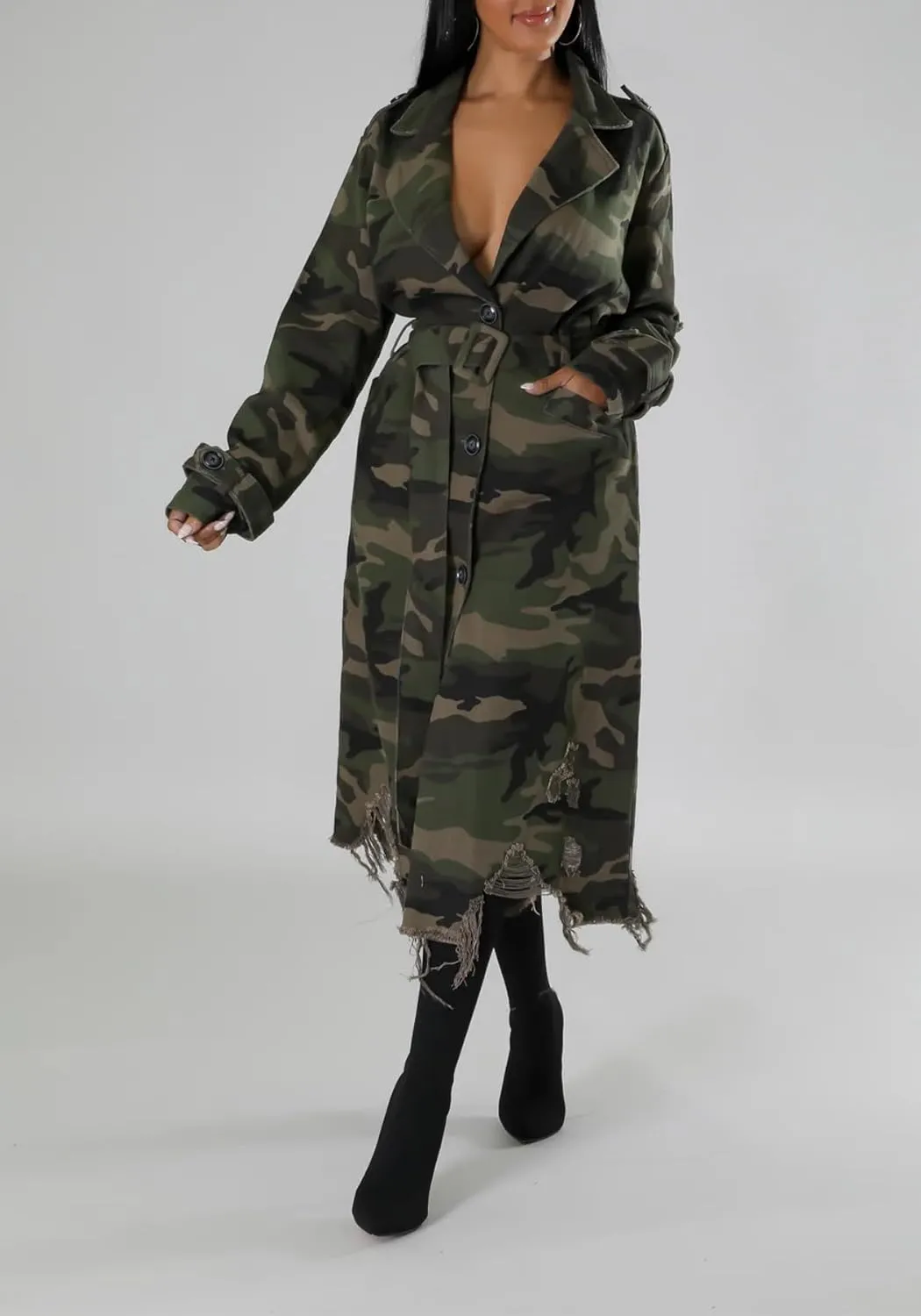 Ptorlio Womens Camo Trench Coat Long Sleeve Distressed Army Camouflage Jacket Overcoat with Belt