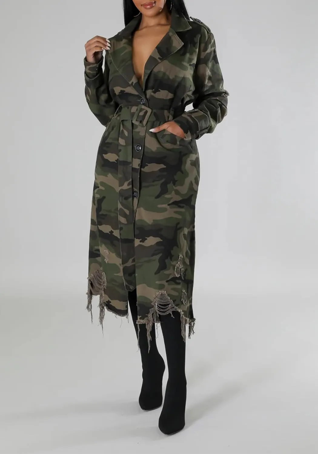 Ptorlio Womens Camo Trench Coat Long Sleeve Distressed Army Camouflage Jacket Overcoat with Belt