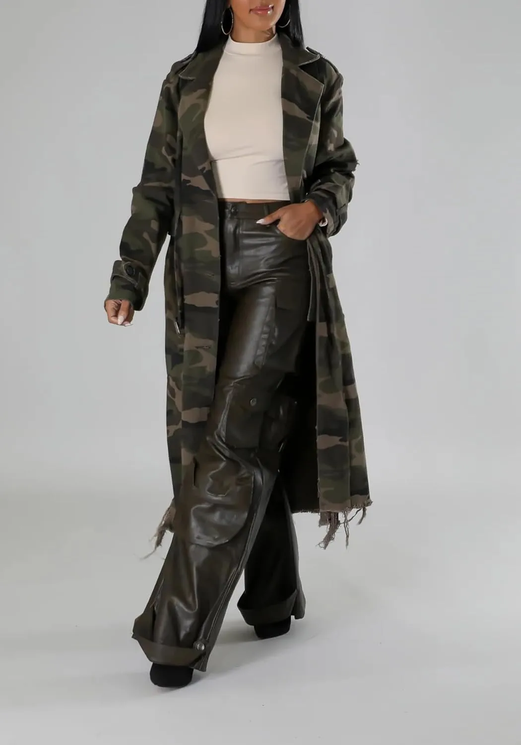 Ptorlio Womens Camo Trench Coat Long Sleeve Distressed Army Camouflage Jacket Overcoat with Belt
