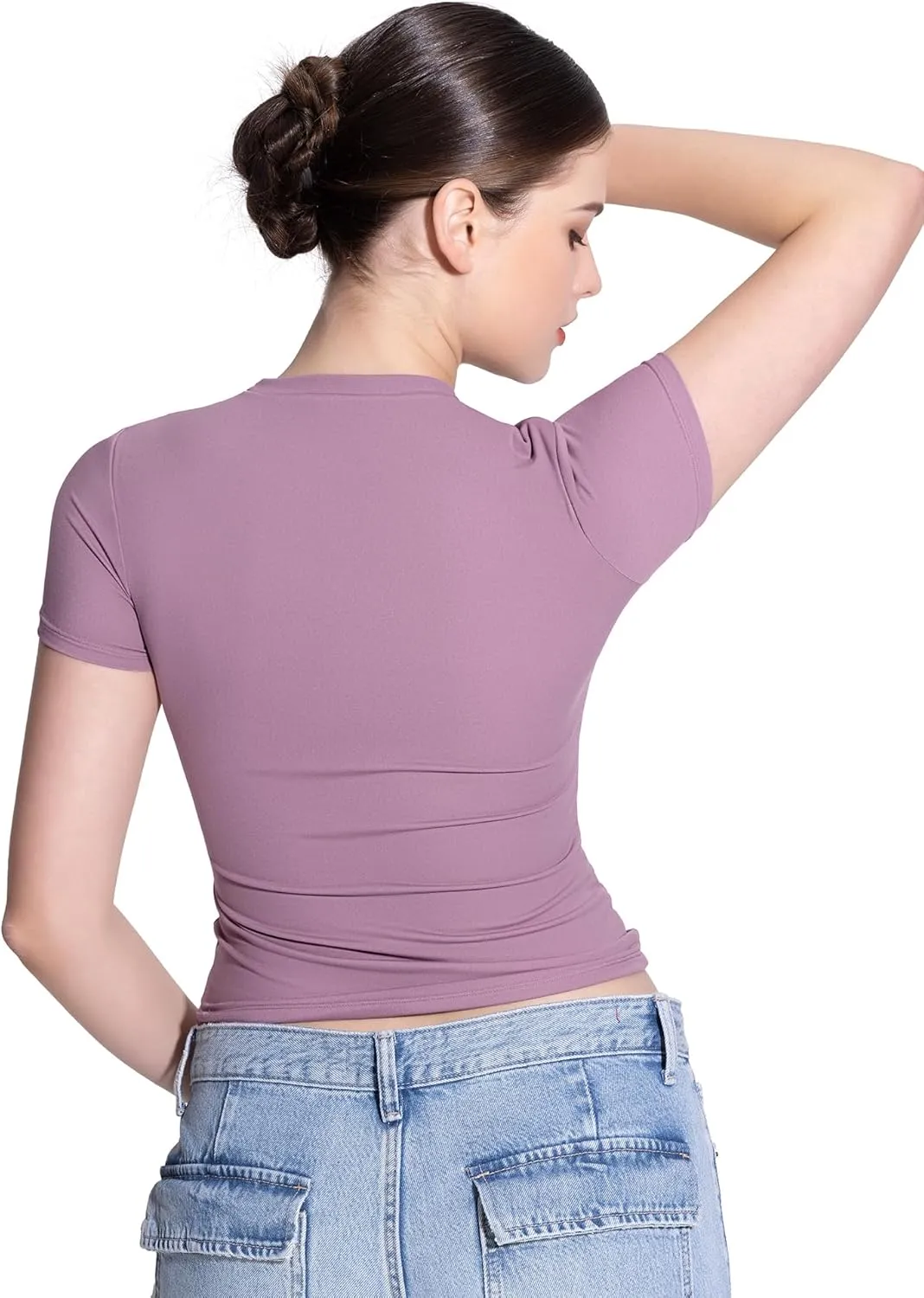 PUMIEY Women's Crew Neck Short Sleeve Tops Double Lined Slim Fit T Shirts Basic Tee Smoke Cloud Pro Collection