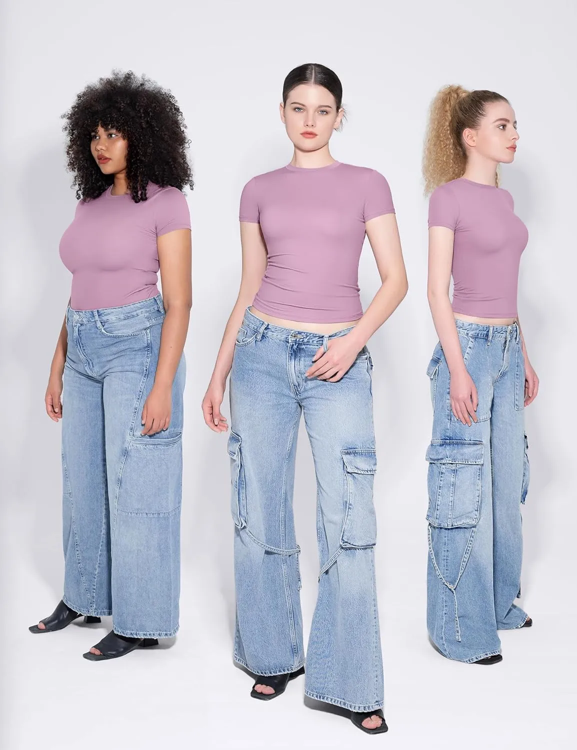 PUMIEY Women's Crew Neck Short Sleeve Tops Double Lined Slim Fit T Shirts Basic Tee Smoke Cloud Pro Collection