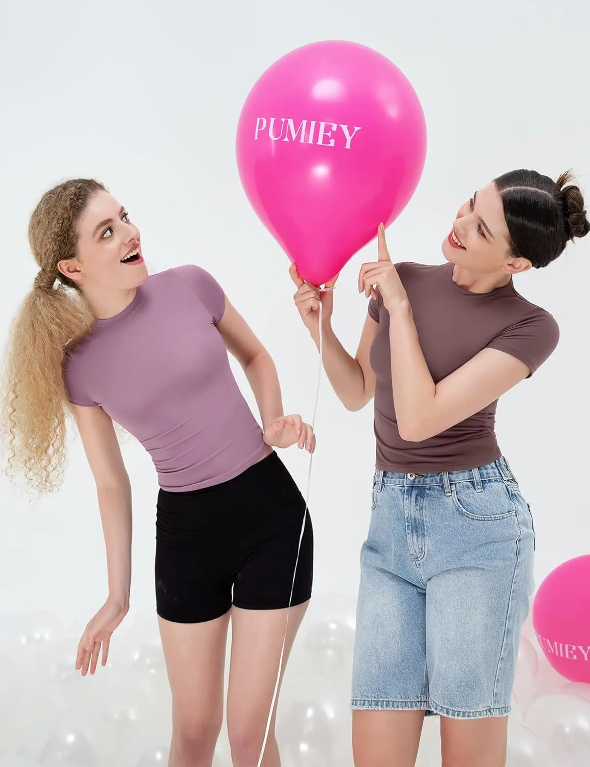 PUMIEY Women's Crew Neck Short Sleeve Tops Double Lined Slim Fit T Shirts Basic Tee Smoke Cloud Pro Collection