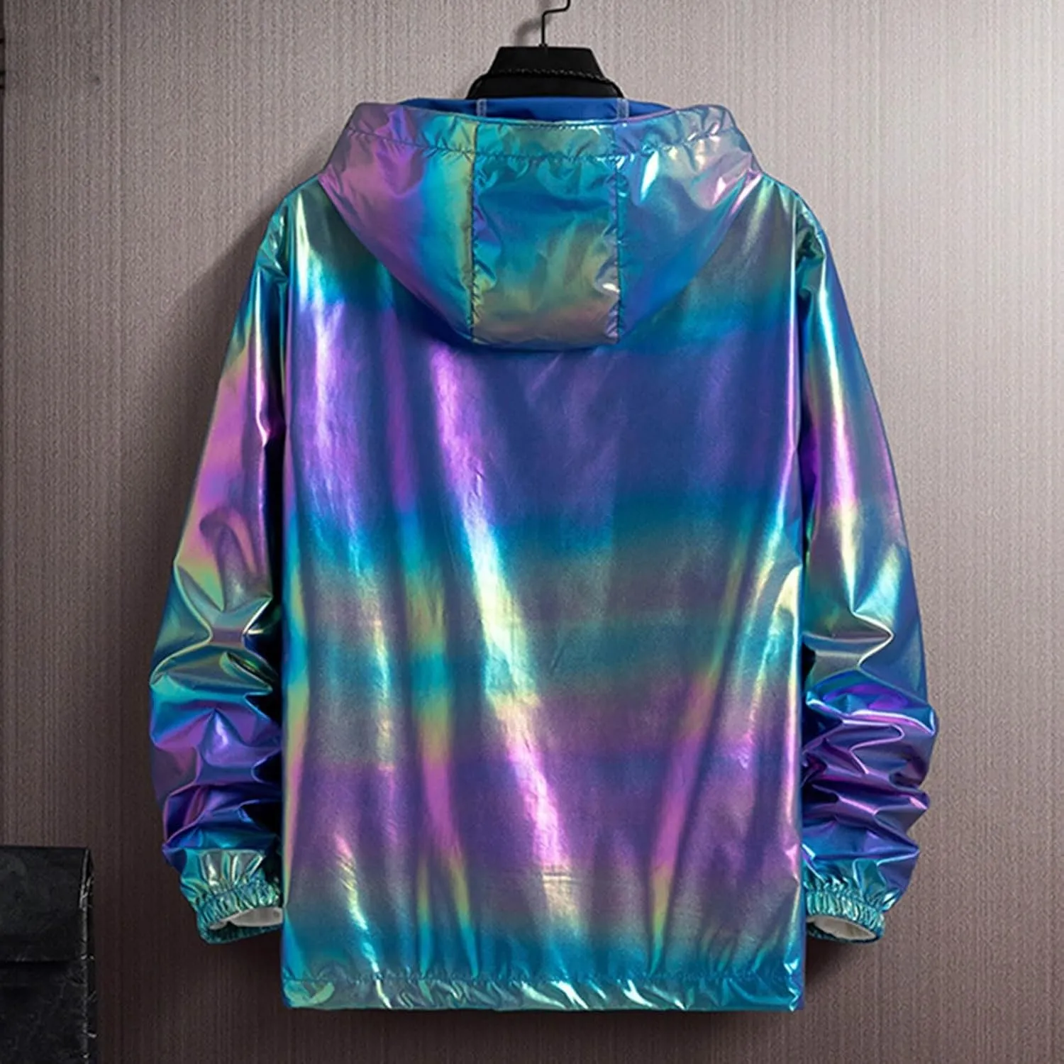 Rainbow Reflective Jacket for Men Trendy Gradient Shiny Hooded Jackets Lightweight Full Zip Runing Jacket