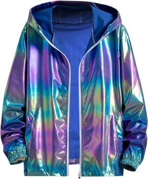 Rainbow Reflective Jacket for Men Trendy Gradient Shiny Hooded Jackets Lightweight Full Zip Runing Jacket