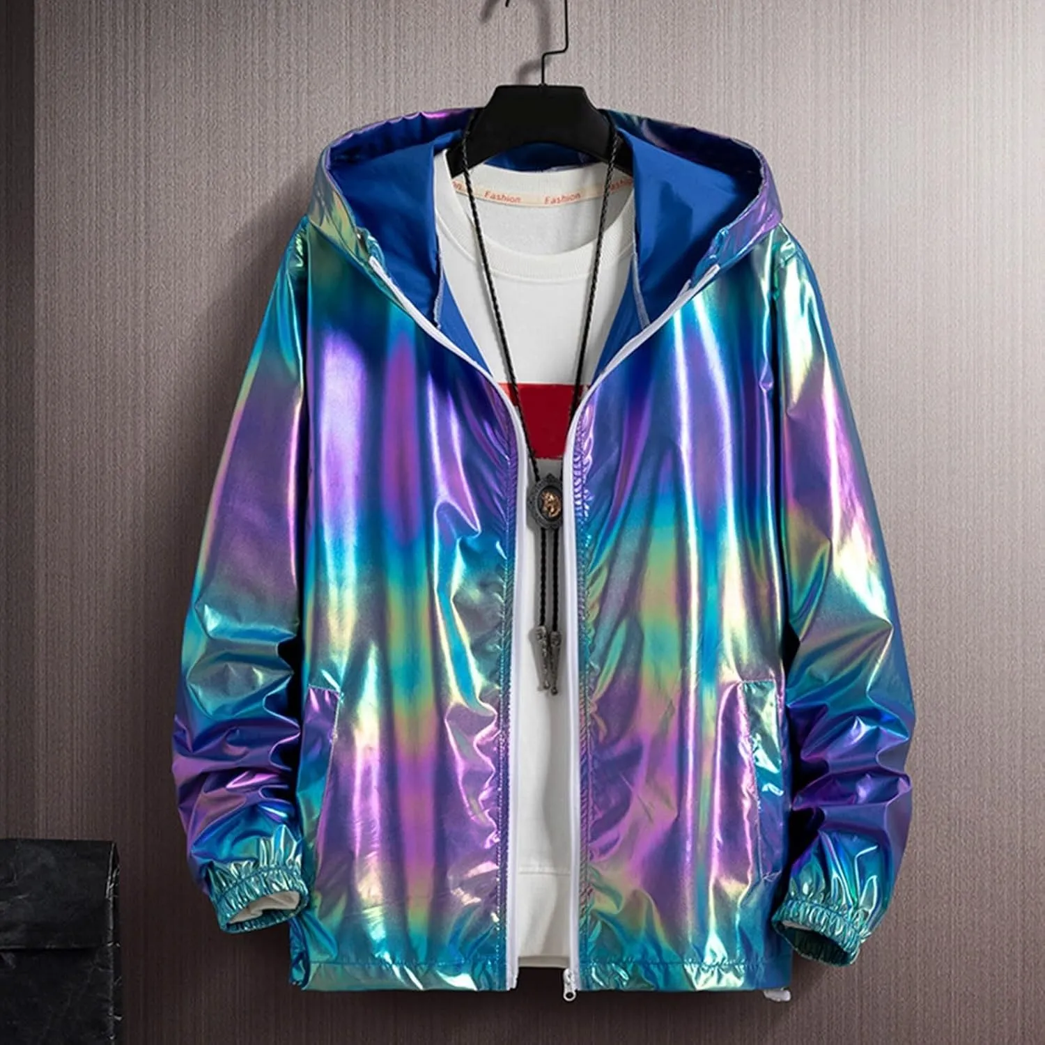 Rainbow Reflective Jacket for Men Trendy Gradient Shiny Hooded Jackets Lightweight Full Zip Runing Jacket