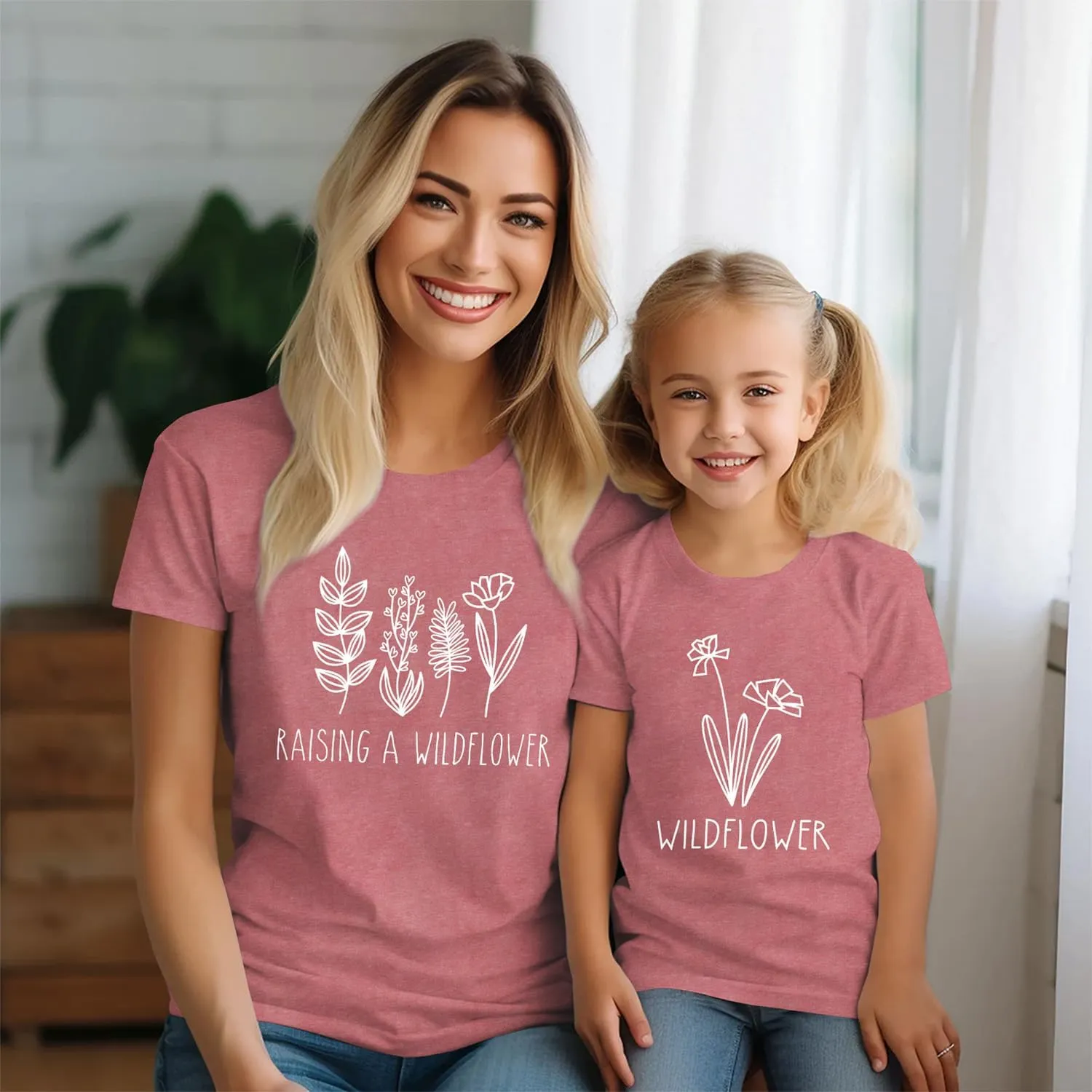 Raising A Wildflower Mommy and Me Shirts Cute Floral Graphic T-Shirt Mom and Daughter Outfits Summer Short Sleeve Tees