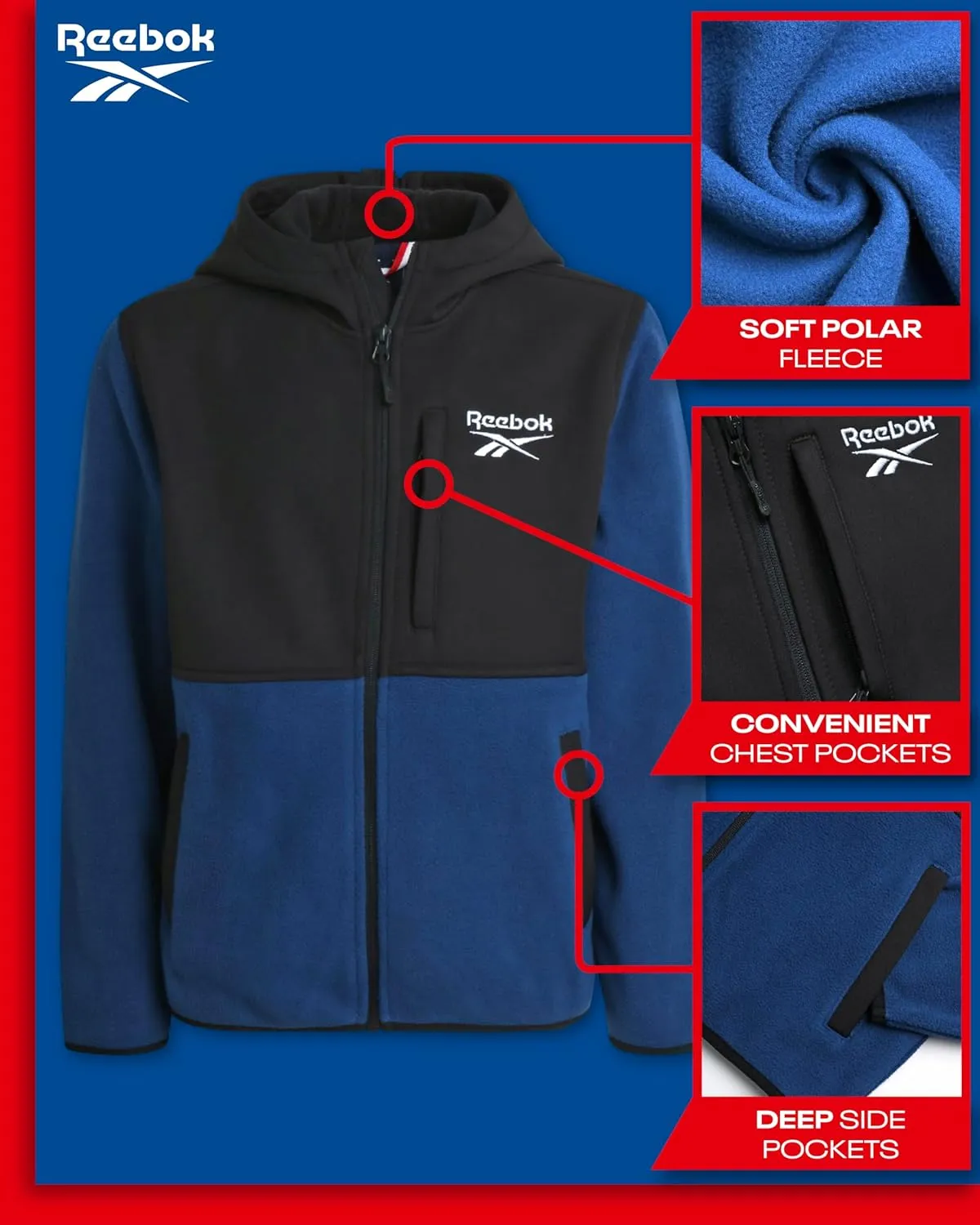 Reebok Boys' Jacket - Warm Polar Fleece Zip Up Hoodie Jacket for Boys - Lightweight Athletic Boy's Comfort Hoodie (4-20)