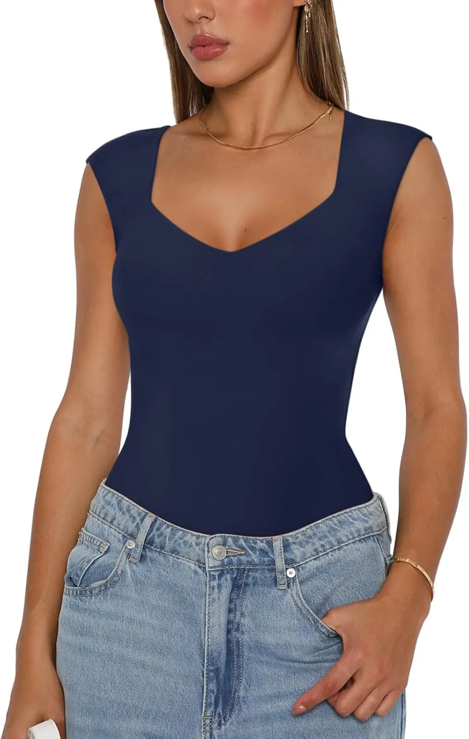 REORIA Butsmooth Women's Trendy Sexy Casual V Neck Double Lined Sleeveless Slimming Going Out Tank Top Bodysuits
