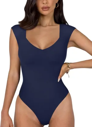 REORIA Butsmooth Women's Trendy Sexy Casual V Neck Double Lined Sleeveless Slimming Going Out Tank Top Bodysuits