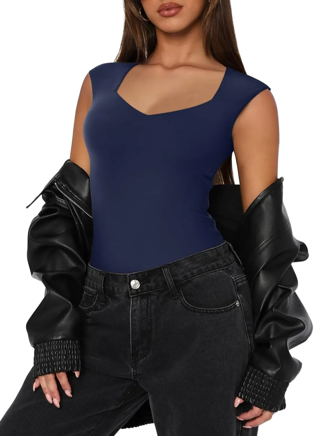 REORIA Butsmooth Women's Trendy Sexy Casual V Neck Double Lined Sleeveless Slimming Going Out Tank Top Bodysuits