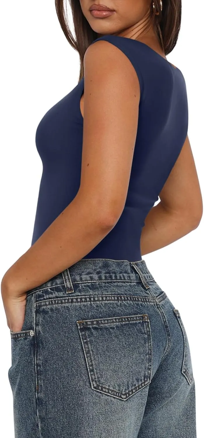 REORIA Butsmooth Women's Trendy Sexy Casual V Neck Double Lined Sleeveless Slimming Going Out Tank Top Bodysuits