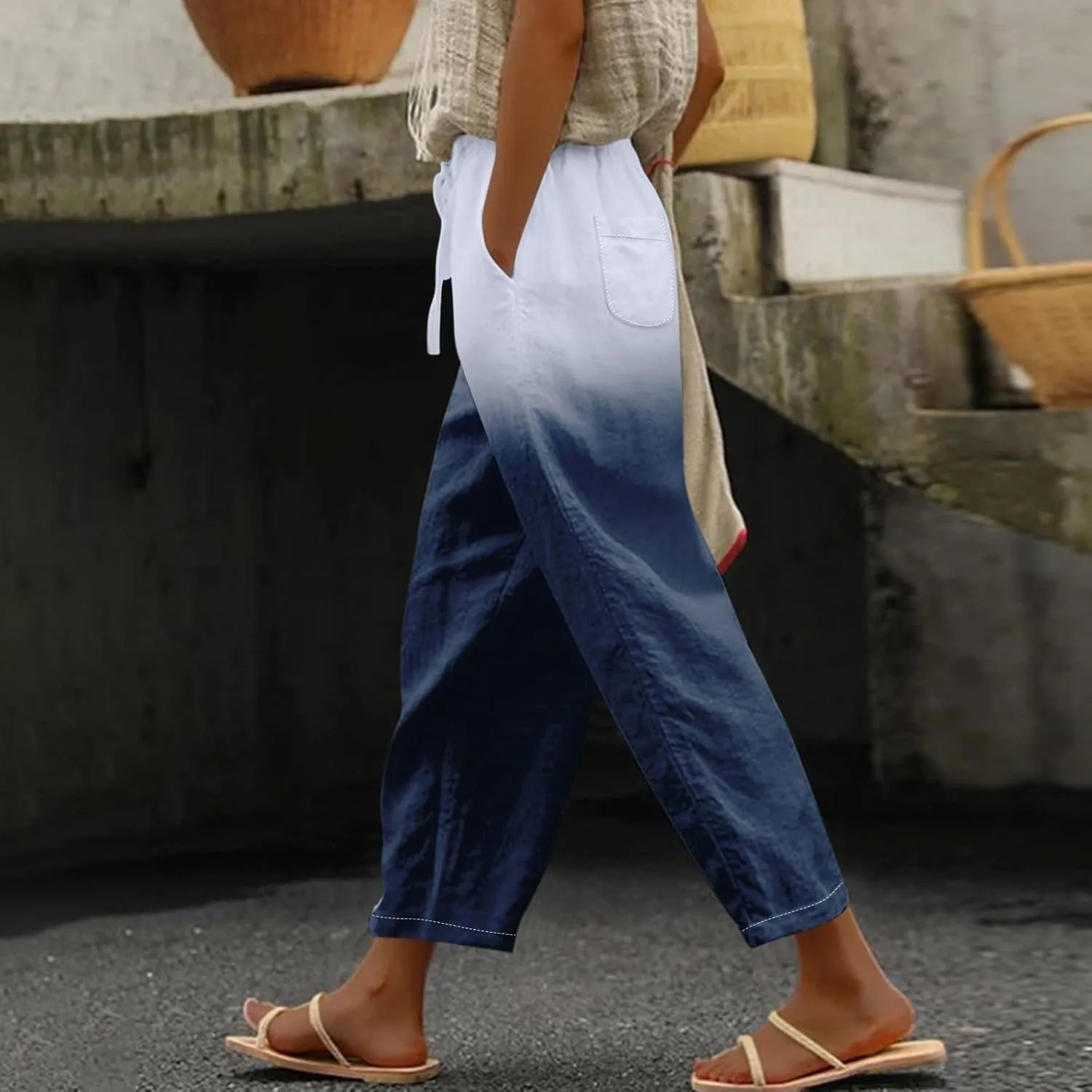 Resort Wear for Women 2025 Cotton Linen Elastic Seven Pants Beach Casual Pants Linen Casual Beach Long Pants