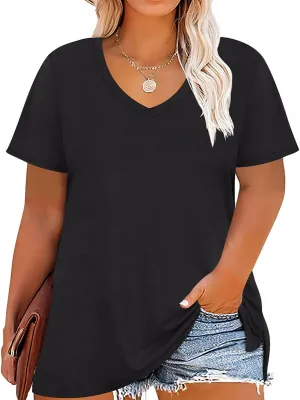 RITERA Plus Size Tops for Women Oversized Summer Basic V Neck Short Sleeve Henley Shirt Casual Tunic Shirts XL-5XL