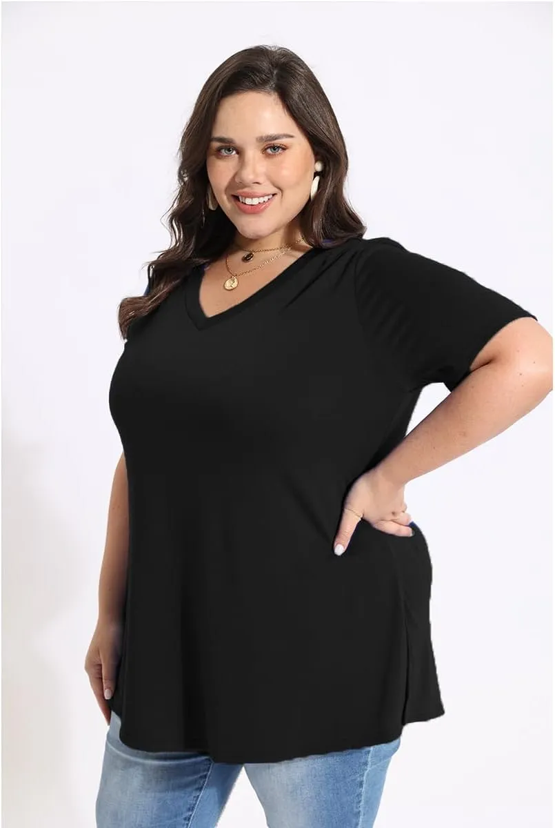 RITERA Plus Size Tops for Women Oversized Summer Basic V Neck Short Sleeve Henley Shirt Casual Tunic Shirts XL-5XL