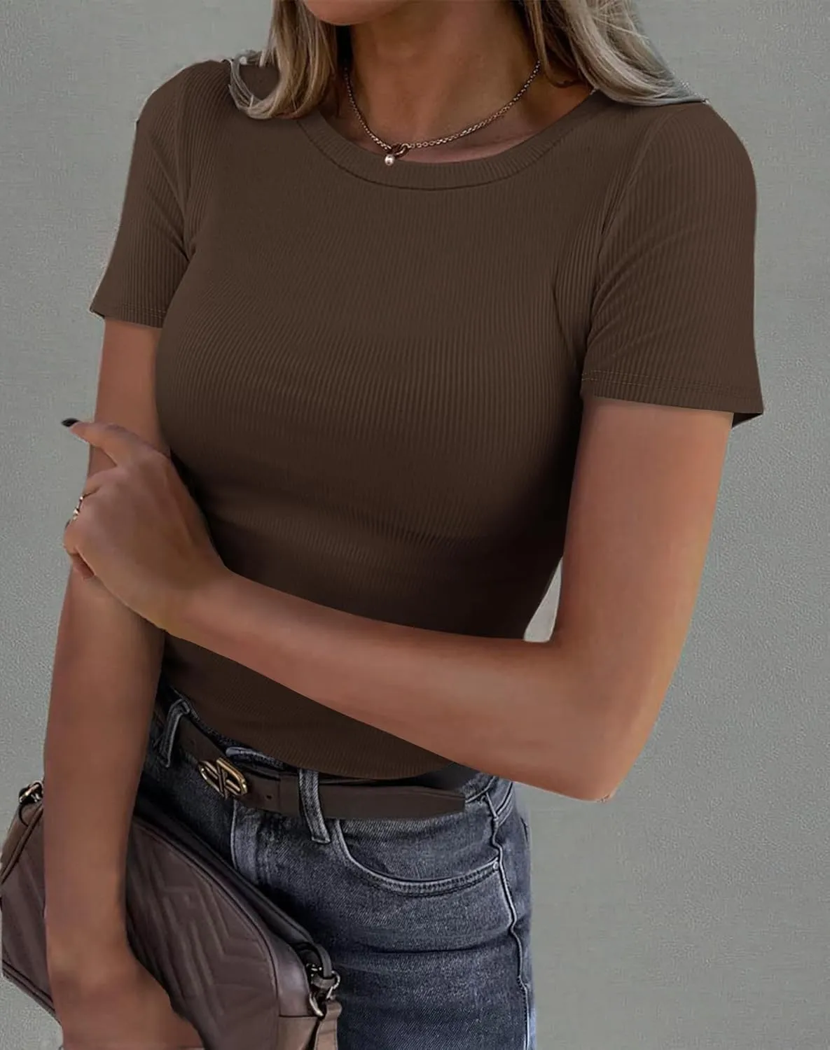 Roselux Women Crew Neck Ribbed Fitted Tight Tshirt Short Sleeve Shirt Basic Knit Top