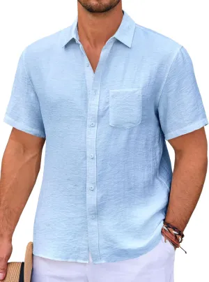 Runcati Mens Casual Shirts Button Down Short Sleeve Lightweight Linen Shirt Summer Beach Tops with Pocket