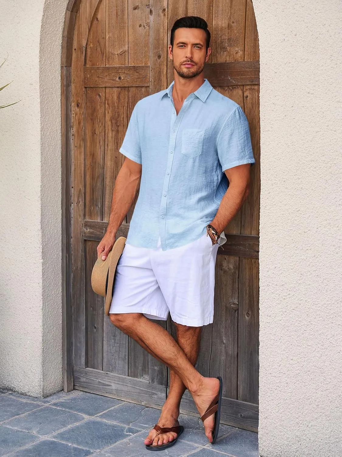 Runcati Mens Casual Shirts Button Down Short Sleeve Lightweight Linen Shirt Summer Beach Tops with Pocket
