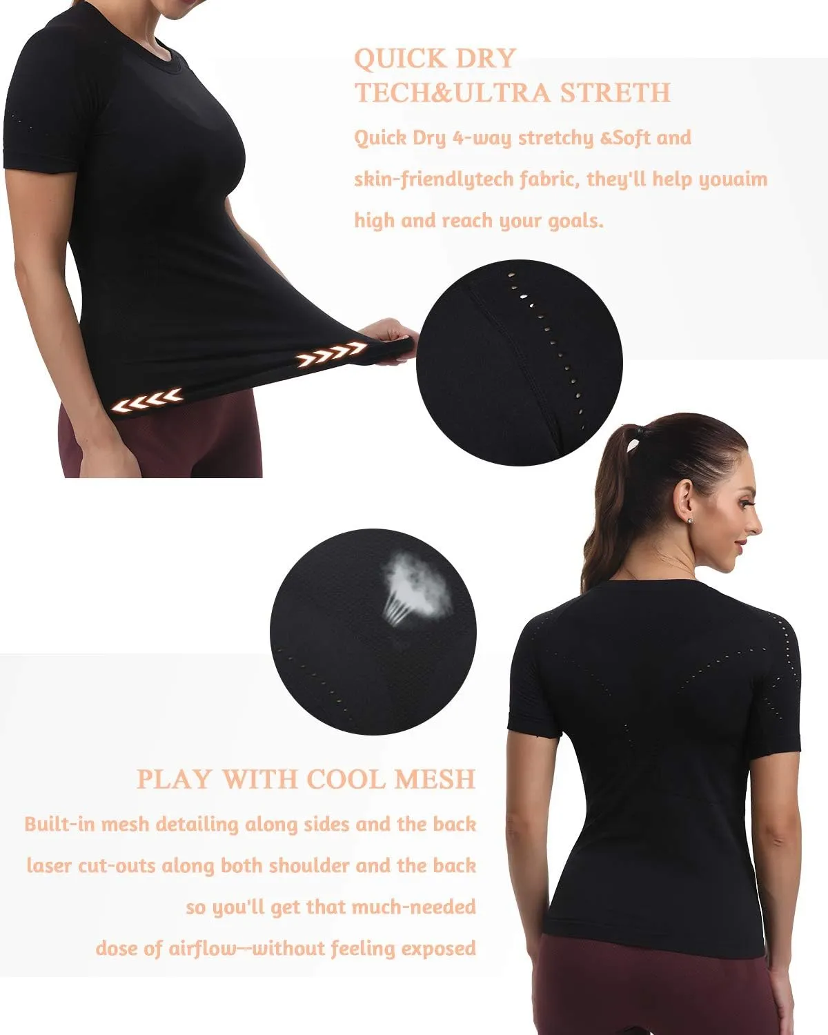 RUNNING GIRL Seamless Workout Shirts for WomenShort Sleeve T-Shirt Stretch Tees Quick Dry Gym Athletic Tops