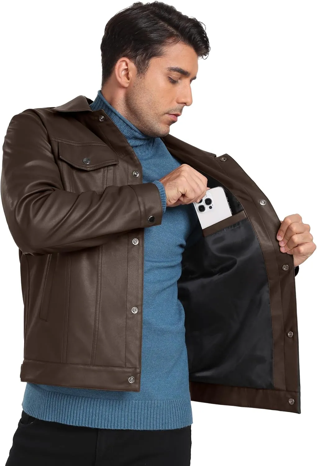 Sailwind Men's Leather Jacket Lapel Collar Motorcycle Coat Snap Button Faux Leather Bomber Jackets