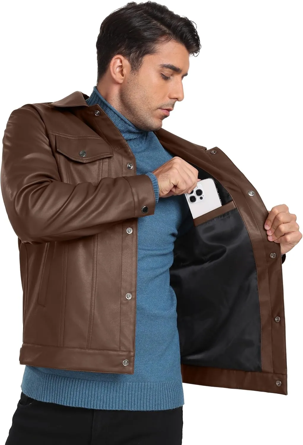 Sailwind Men's Leather Jacket Lapel Collar Motorcycle Coat Snap Button Faux Leather Bomber Jackets