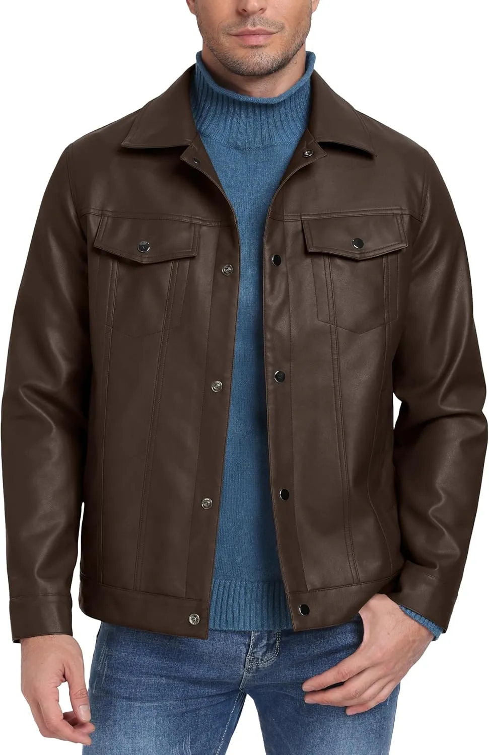 Sailwind Men's Leather Jacket Lapel Collar Motorcycle Coat Snap Button Faux Leather Bomber Jackets