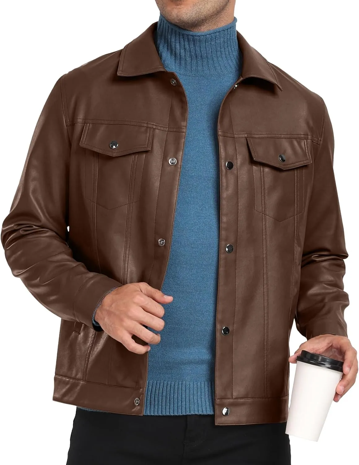 Sailwind Men's Leather Jacket Lapel Collar Motorcycle Coat Snap Button Faux Leather Bomber Jackets