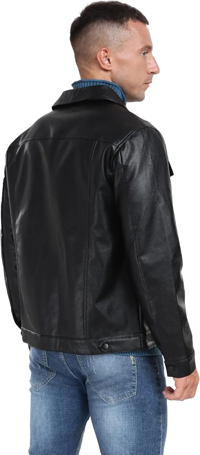 Sailwind Men's Leather Jacket Lapel Collar Motorcycle Coat Snap Button Faux Leather Bomber Jackets