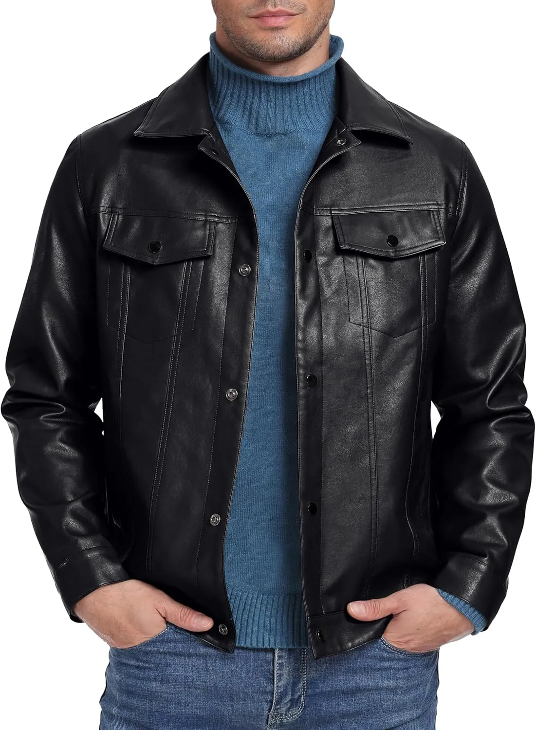 Sailwind Men's Leather Jacket Lapel Collar Motorcycle Coat Snap Button Faux Leather Bomber Jackets