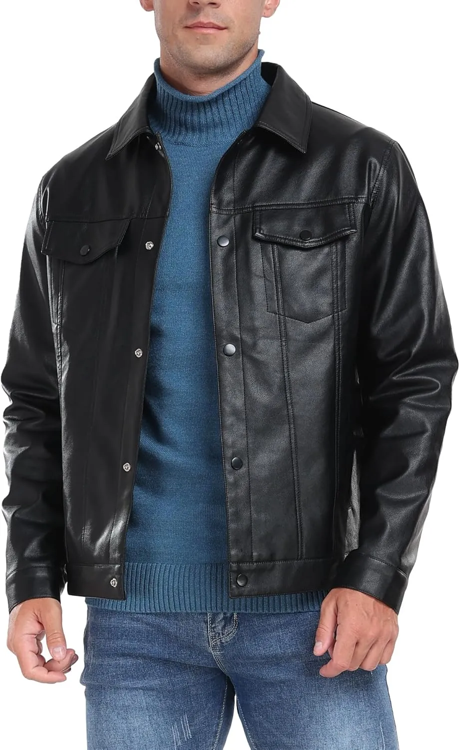 Sailwind Men's Leather Jacket Lapel Collar Motorcycle Coat Snap Button Faux Leather Bomber Jackets