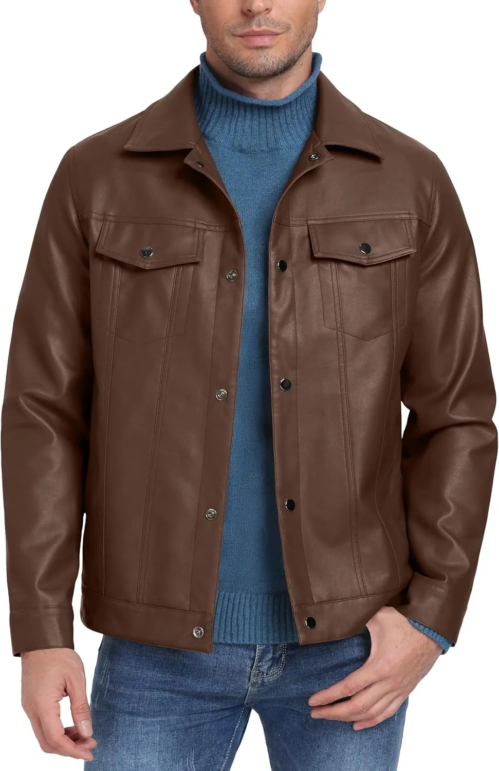 Sailwind Men's Leather Jacket Lapel Collar Motorcycle Coat Snap Button Faux Leather Bomber Jackets