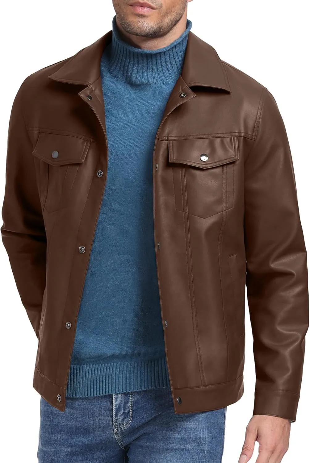 Sailwind Men's Leather Jacket Lapel Collar Motorcycle Coat Snap Button Faux Leather Bomber Jackets