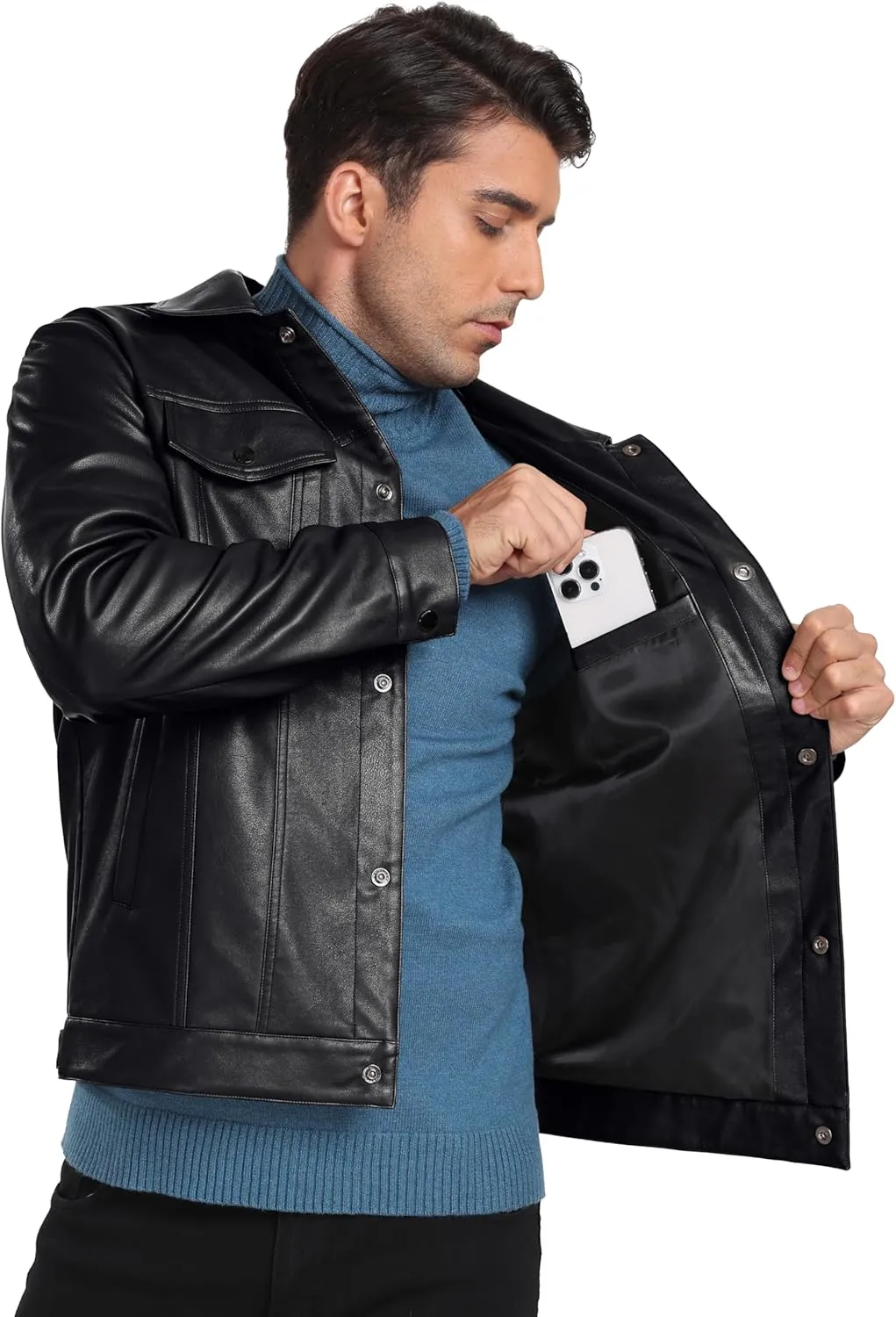 Sailwind Men's Leather Jacket Lapel Collar Motorcycle Coat Snap Button Faux Leather Bomber Jackets