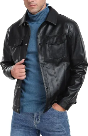 Sailwind Men's Leather Jacket Lapel Collar Motorcycle Coat Snap Button Faux Leather Bomber Jackets