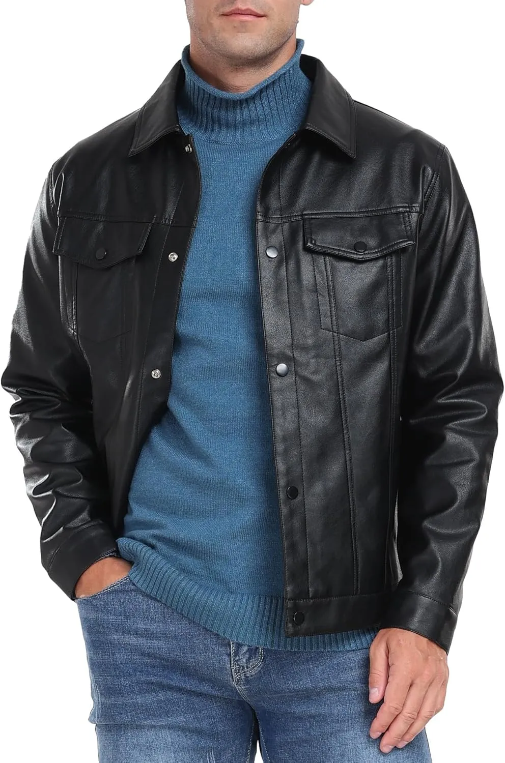 Sailwind Men's Leather Jacket Lapel Collar Motorcycle Coat Snap Button Faux Leather Bomber Jackets
