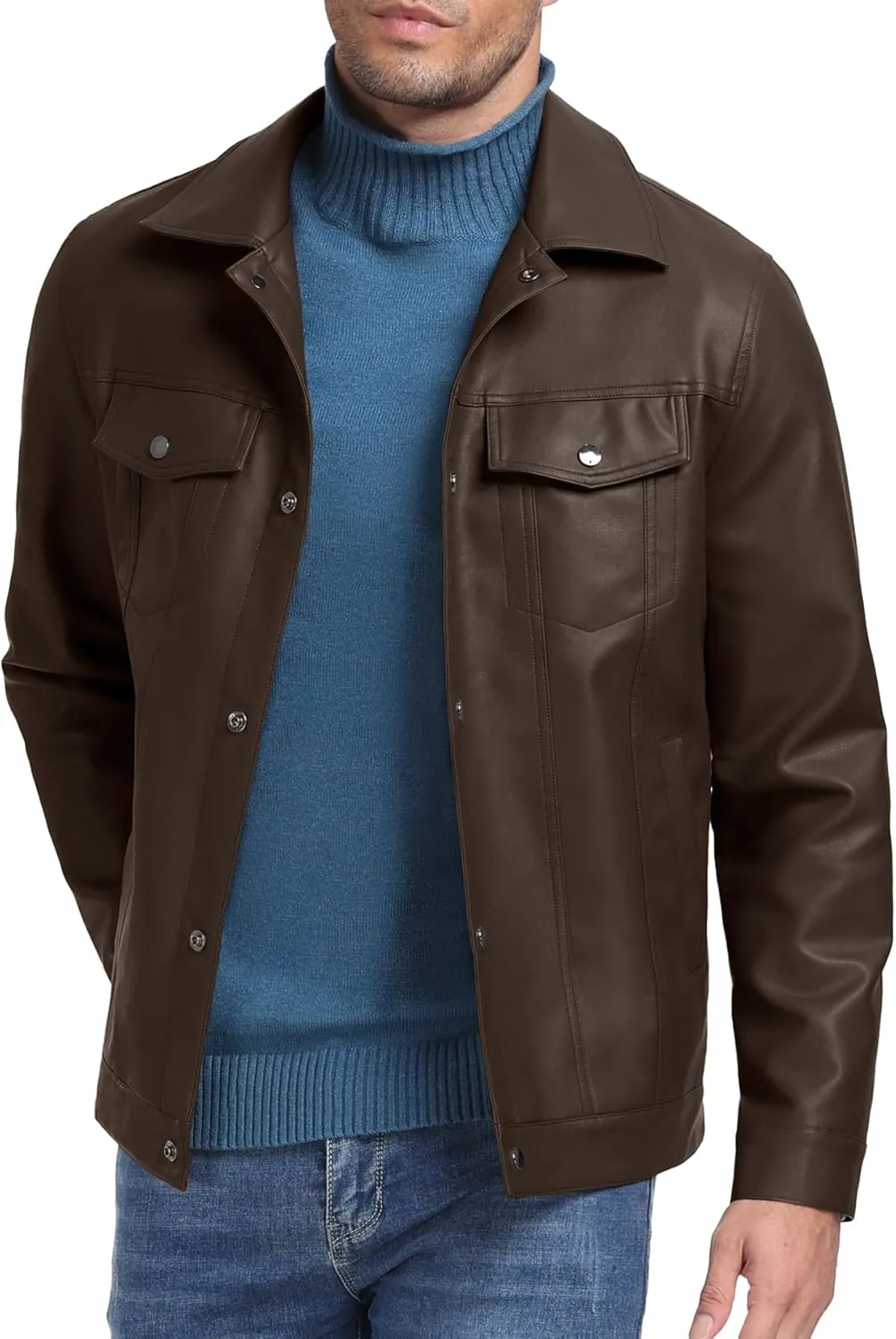 Sailwind Men's Leather Jacket Lapel Collar Motorcycle Coat Snap Button Faux Leather Bomber Jackets