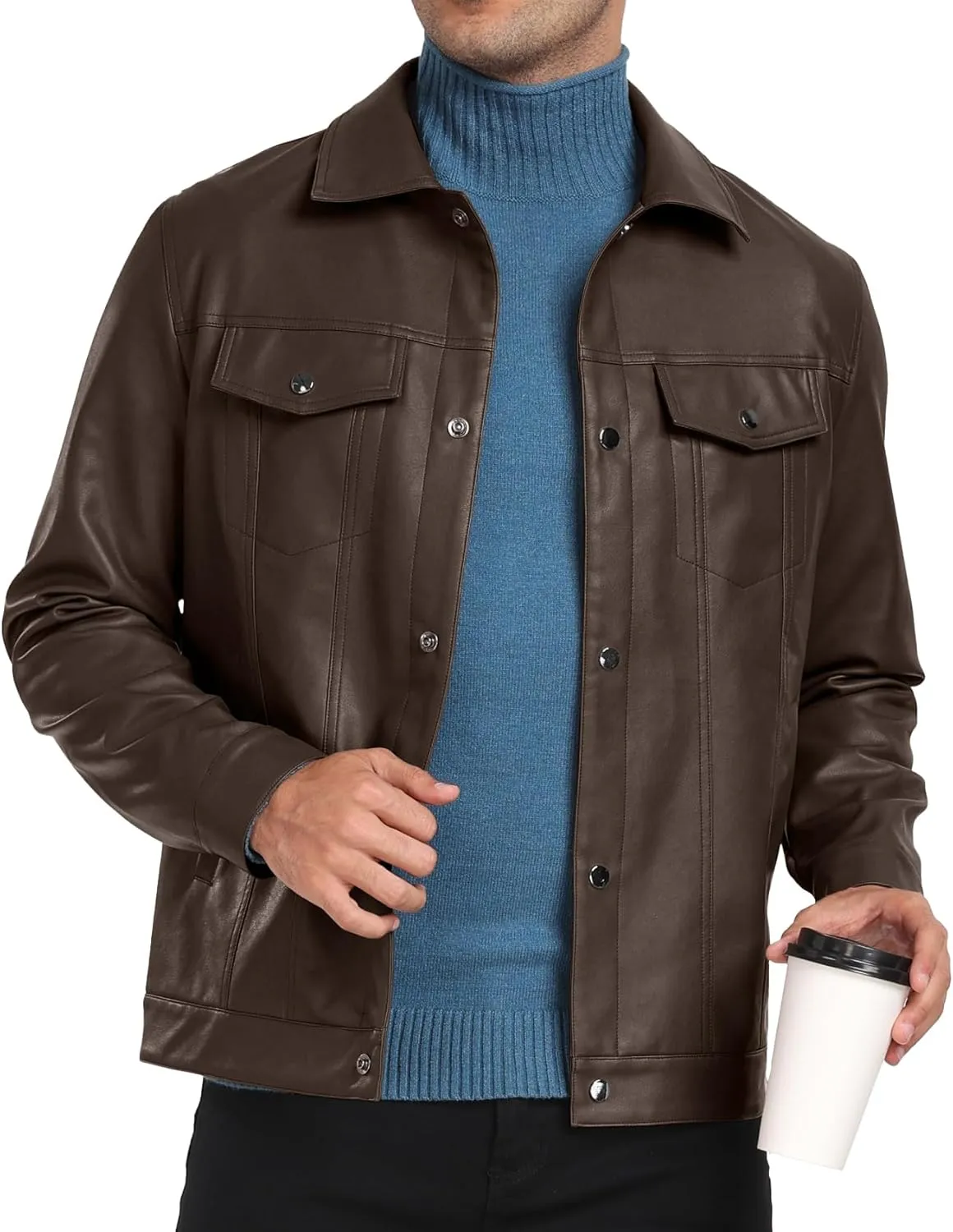 Sailwind Men's Leather Jacket Lapel Collar Motorcycle Coat Snap Button Faux Leather Bomber Jackets