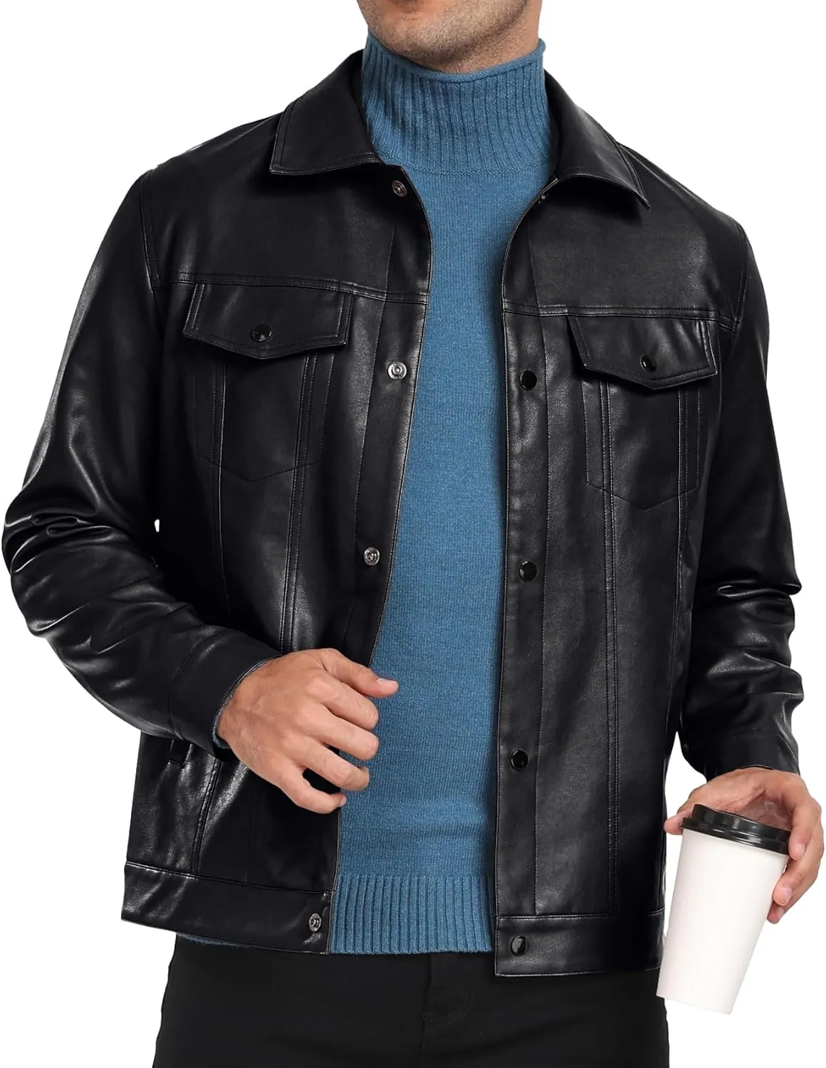 Sailwind Men's Leather Jacket Lapel Collar Motorcycle Coat Snap Button Faux Leather Bomber Jackets