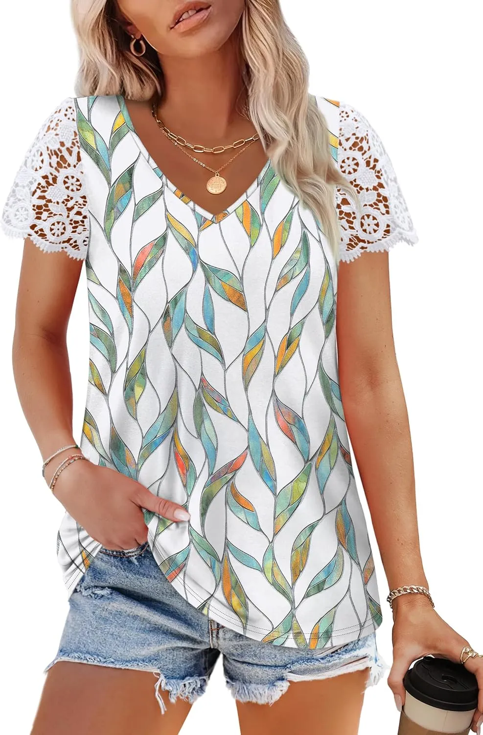 SAMPEEL Womens Tshirts Trendy Fashion Tops Lace Short Sleeve Business Tee Shirts Casual Knitted Blouses Summer Outfits 2025