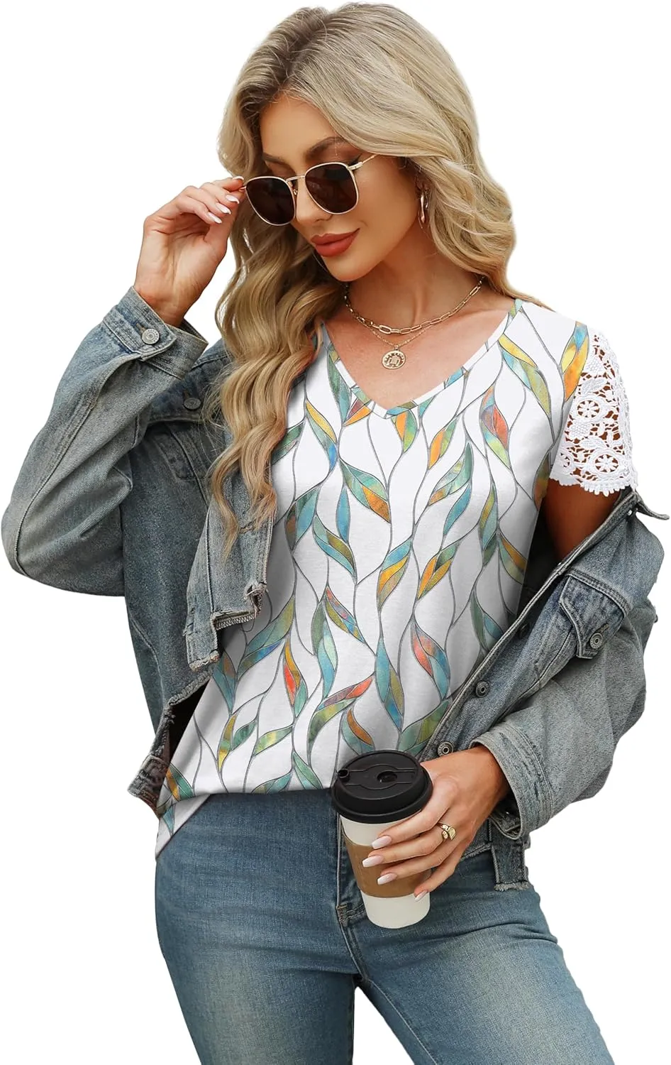 SAMPEEL Womens Tshirts Trendy Fashion Tops Lace Short Sleeve Business Tee Shirts Casual Knitted Blouses Summer Outfits 2025