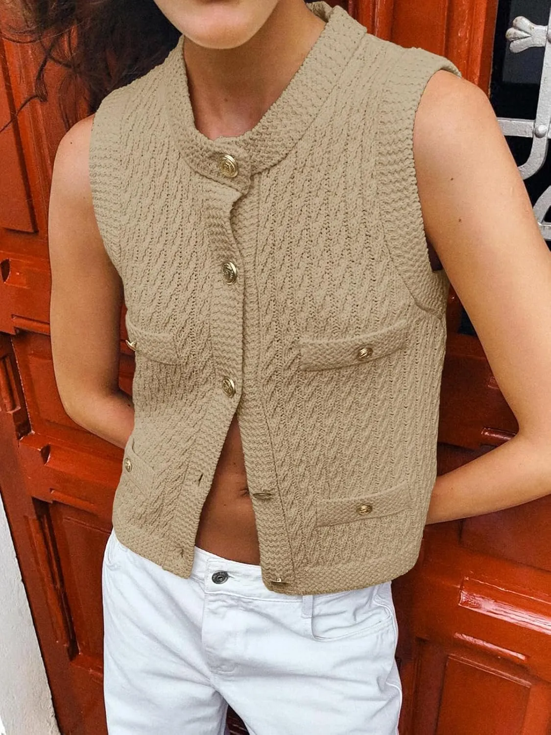 Saodimallsu Womens Cable Knit Sweater Vest Button Down Sleeveless Crop Tank Tops Crew Neck Summer Cardigans