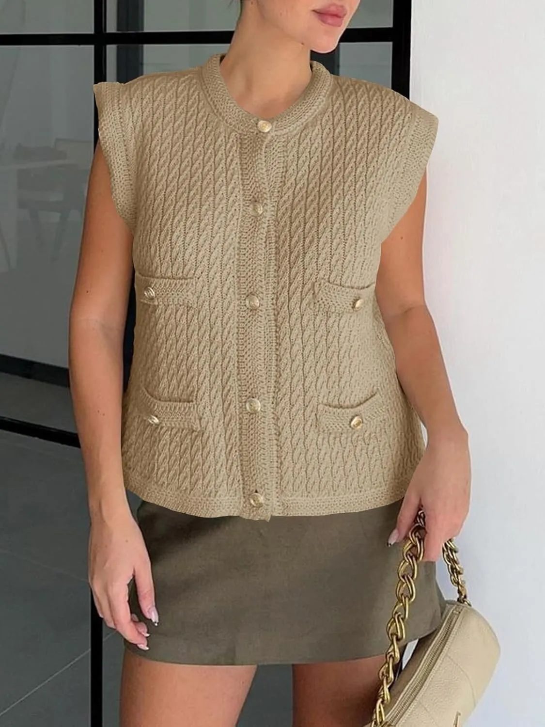Saodimallsu Womens Cable Knit Sweater Vest Button Down Sleeveless Crop Tank Tops Crew Neck Summer Cardigans
