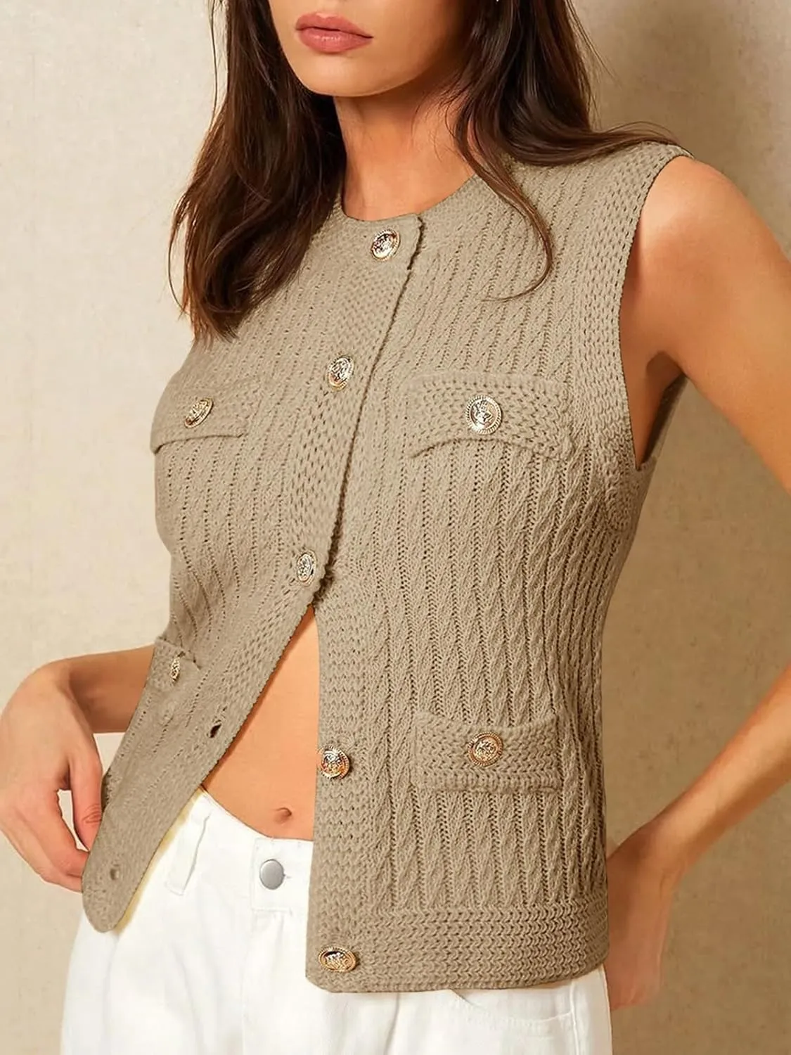 Saodimallsu Womens Cable Knit Sweater Vest Button Down Sleeveless Crop Tank Tops Crew Neck Summer Cardigans