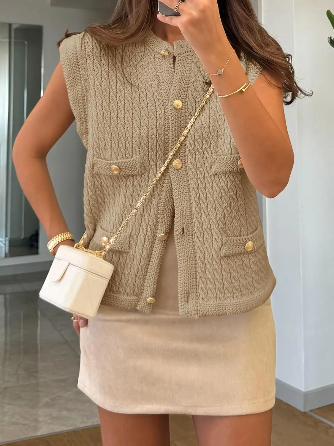 Saodimallsu Womens Cable Knit Sweater Vest Button Down Sleeveless Crop Tank Tops Crew Neck Summer Cardigans
