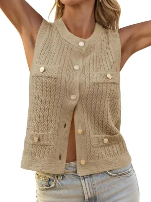 Saodimallsu Womens Cable Knit Sweater Vest Button Down Sleeveless Crop Tank Tops Crew Neck Summer Cardigans
