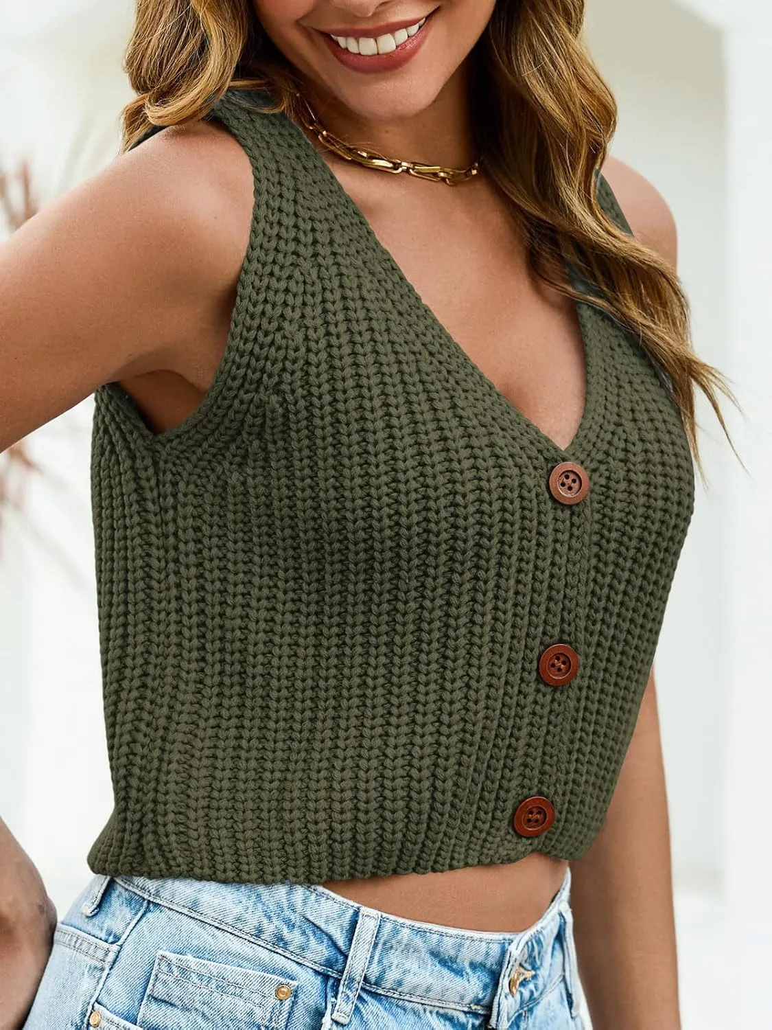 Saodimallsu Womens Cropped Sweater Vest V Neck Button Down Y2k Crop Knit Summer Trendy Sleeveless Chunky Tank Tops