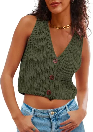 Saodimallsu Womens Cropped Sweater Vest V Neck Button Down Y2k Crop Knit Summer Trendy Sleeveless Chunky Tank Tops
