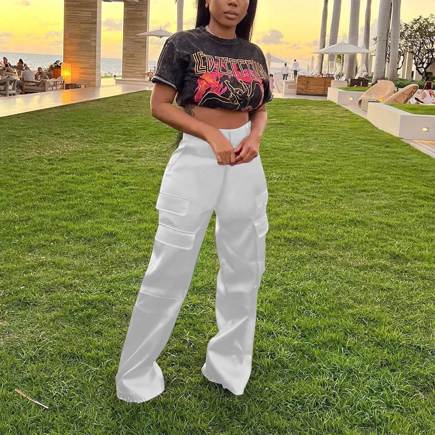 Satin Cargo Pants for Women High Waist Multiple Pockets Straight Wide Leg Trouser Casual Outdoor Flowy Palazzo Pants