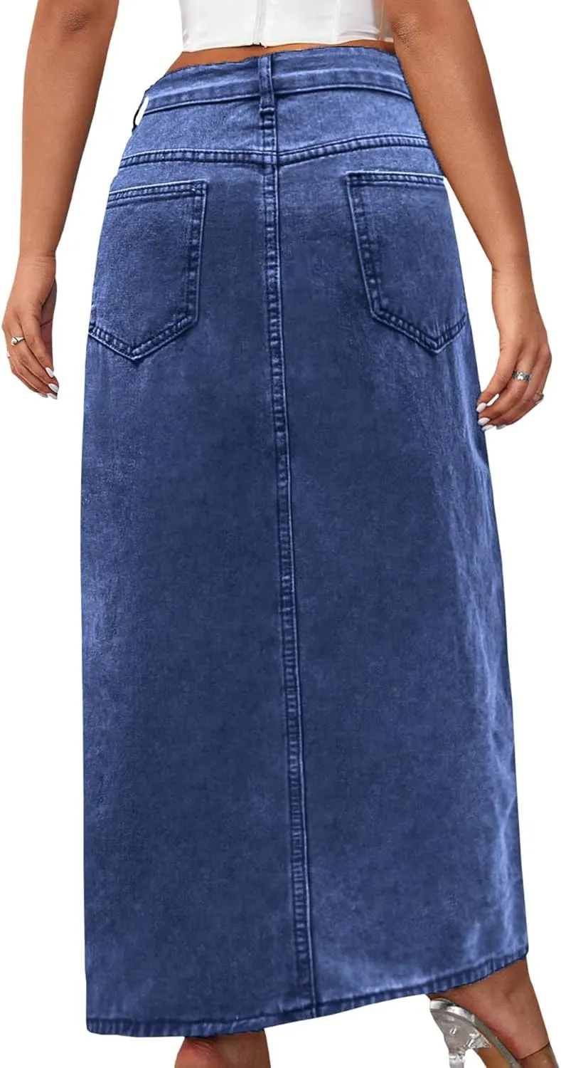 SEMATOMALA Women's Thigh High Split Maxi Denim Skirt High Waisted Cut Out High Low Asymmetrical Jeans Long Skirts