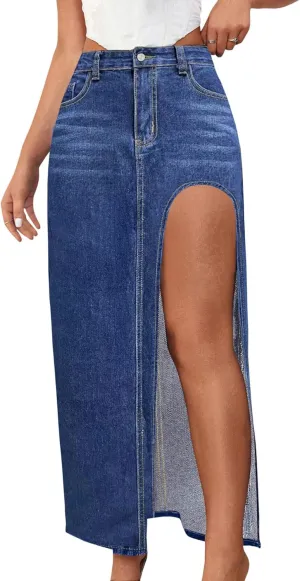 SEMATOMALA Women's Thigh High Split Maxi Denim Skirt High Waisted Cut Out High Low Asymmetrical Jeans Long Skirts