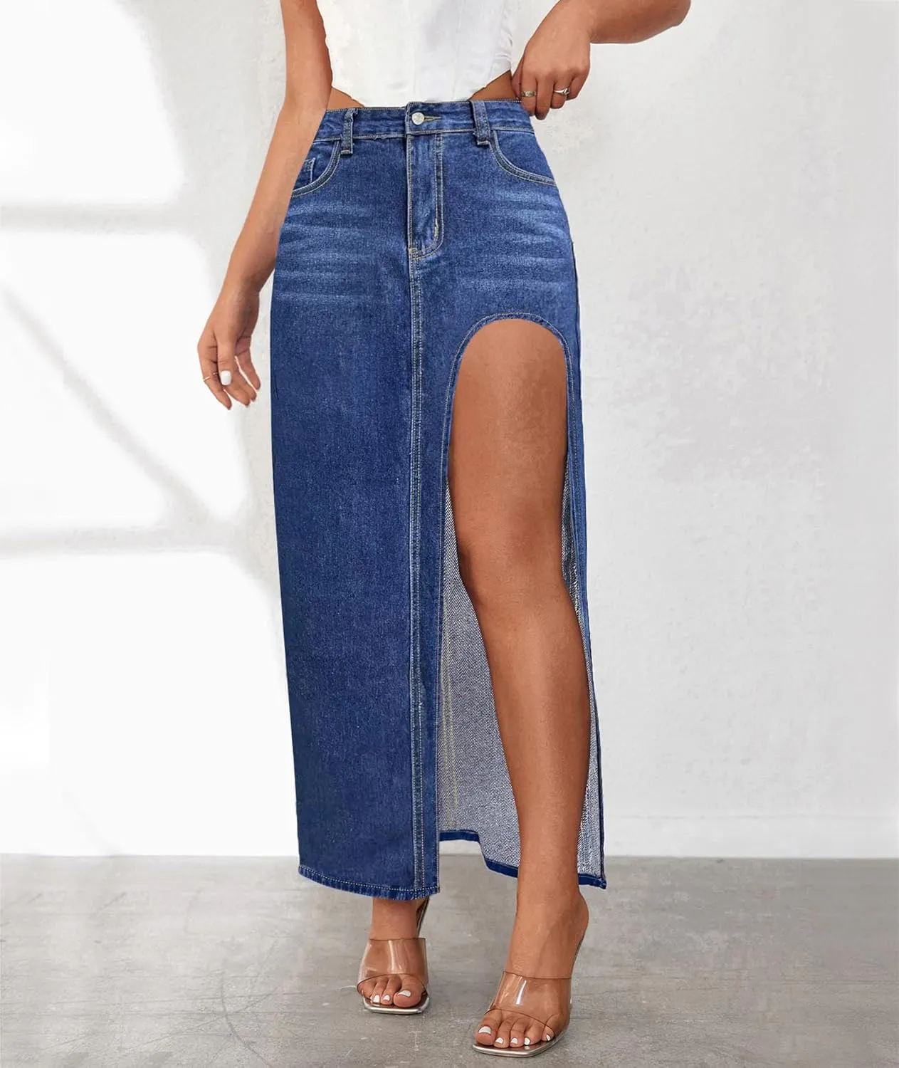SEMATOMALA Women's Thigh High Split Maxi Denim Skirt High Waisted Cut Out High Low Asymmetrical Jeans Long Skirts